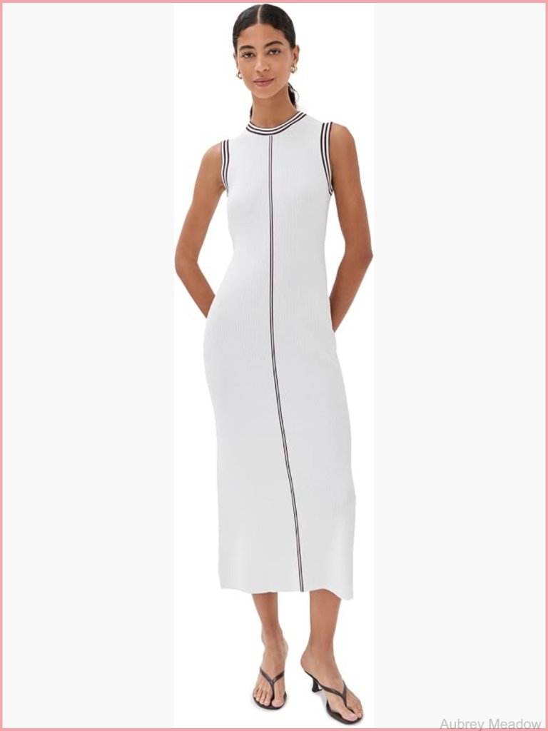 Midi Length Ribbed Knit Sheath Dress With Stripe Trim
